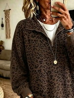 Casual Leopard Shawl Collar Long Sleeve Sweatshirt