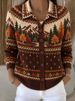 Regular Fit Shawl Collar Geometric Simple Knit Top