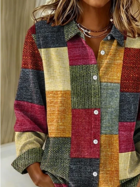 Women Abstract Casual Shirt Shirt Collar Long Sleeve Buckle Top