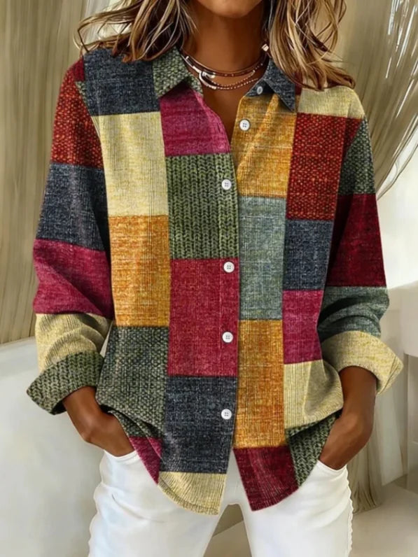 Women Abstract Casual Shirt Shirt Collar Long Sleeve Buckle Top
