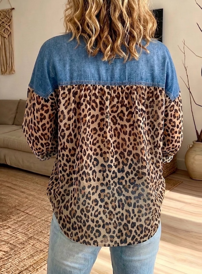 Women’s Casual Distressed Denim Spliced Leopard Print Loose Button Down Blouse