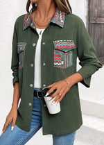 Casual Green Corduroy Tribal Print Long Sleeve Coat