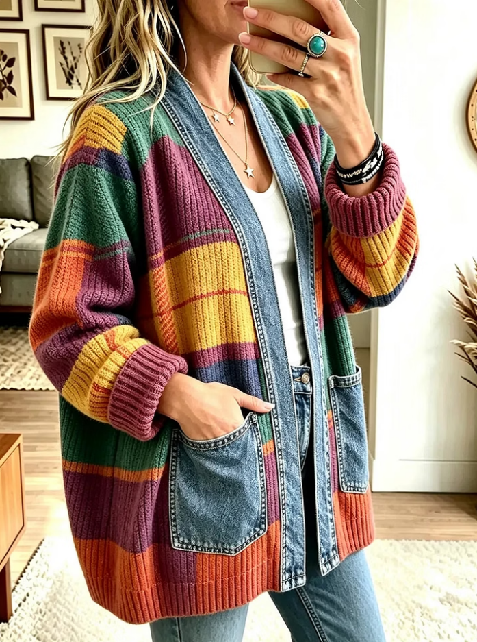 Women's Casual Vintage Print Pocket Denim Patchwork Jacket