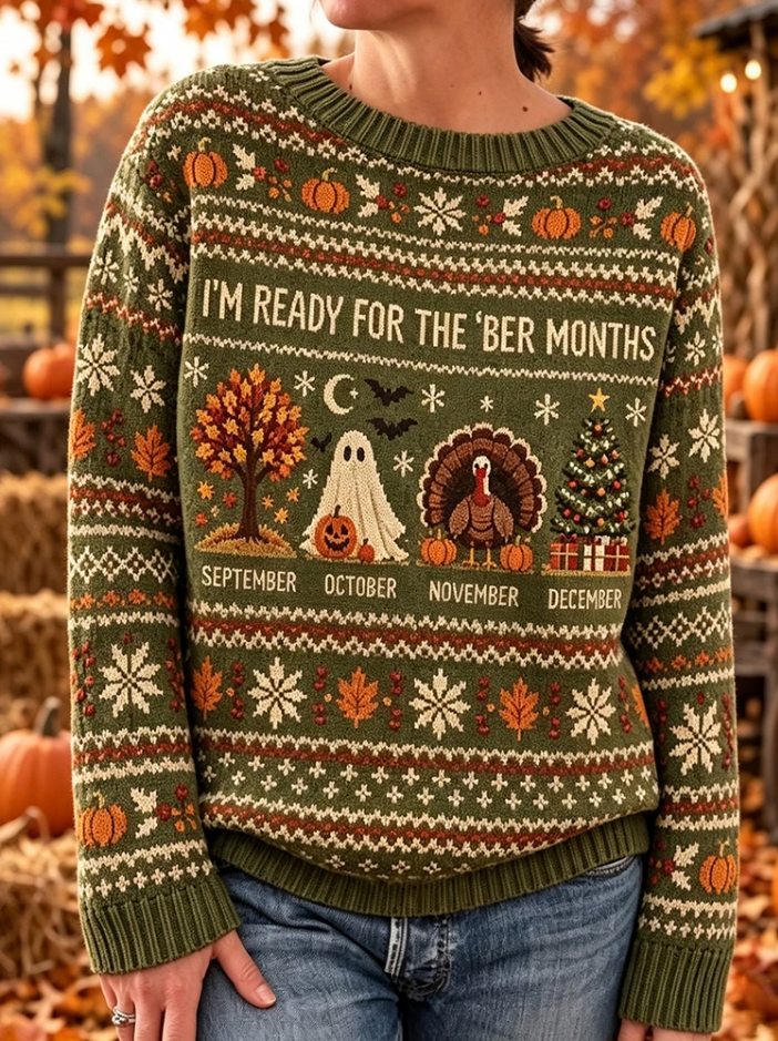 Women's I'm Ready For The ber Months Print Crew Neck Knit Sweater
