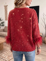Women's Casual Loose fit Knit Top With Faux Mink Fur Panel Crew Neck And 3/4 Sleeves