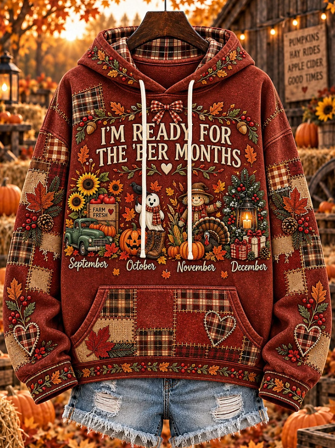 Women Casual Retro Autumn Thanksgiving Print Hoodie
