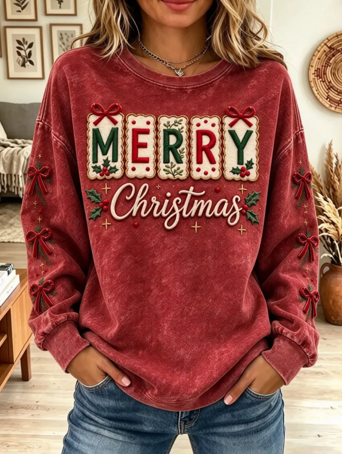 Women Merry Christmas Velvet Bow Mineral Wash Sweatshirt