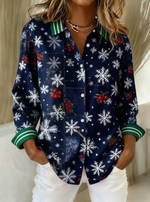 Women Christmas Contrast Patchwork Print Casual Lapel Long Sleeve Shirt