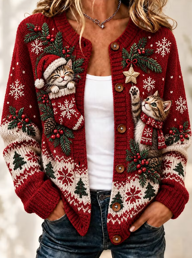 Women Christmas Animal Retro Art Print Knitted Casual Cardigan
