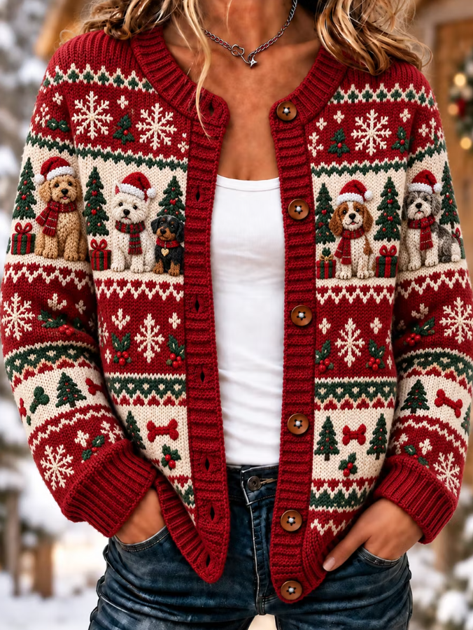 Women Christmas Animal Retro Art Print Knitted Casual Cardigan