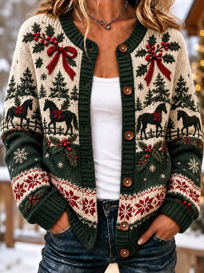 Women Christmas Animal Retro Art Print Knitted Casual Cardigan