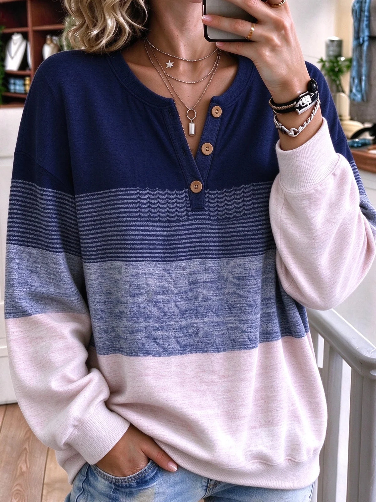 Casual Abstract Henley Collar Long Sleeve Sweatshirt