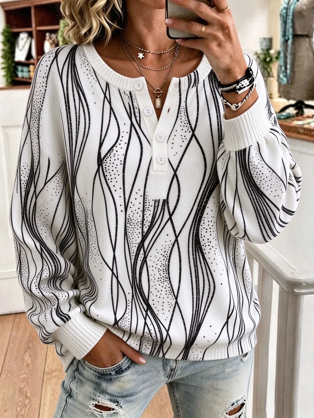 Casual Abstract Henley Collar Long Sleeve Sweatshirt