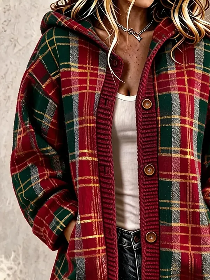 Women Plaid Long Sleeve Comfy Vintage Printing Cardigan