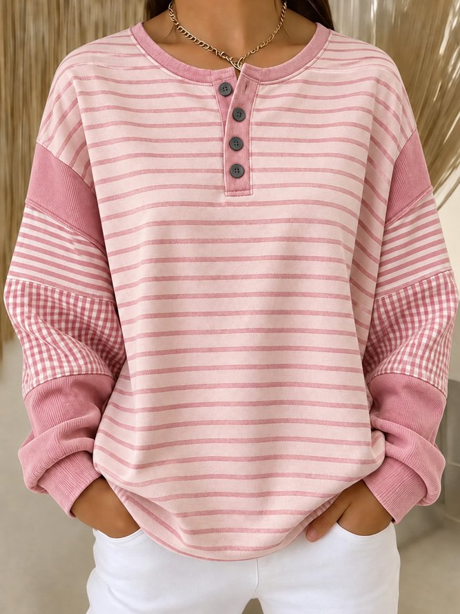 Casual Striped Henley Collar Long Sleeve Sweatshirt