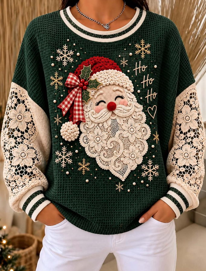 Women Santa Claus Dark Green Waffle Knit Lace Long Sleeves Sweatshirt
