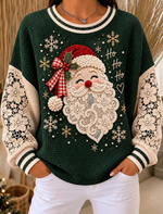 Women Santa Claus Dark Green Waffle Knit Lace Long Sleeves Sweatshirt