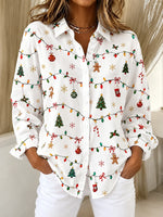 Women Christmas Casual Shirt Shirt Collar Long Sleeve Buckle Top