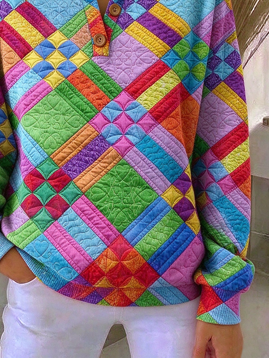 Vintage Casual Abstract Henley Collar Long Sleeve Sweatshirt