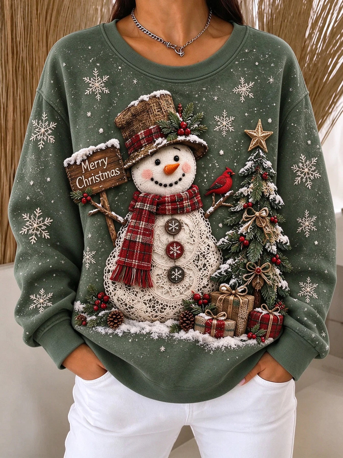 Vintage Christmas Casual Snowman Crew Neck Long Sleeve Sweatshirt