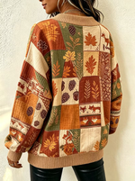 Women Chic Autumn Themed Patchwork Print Waffle Knit Sweater