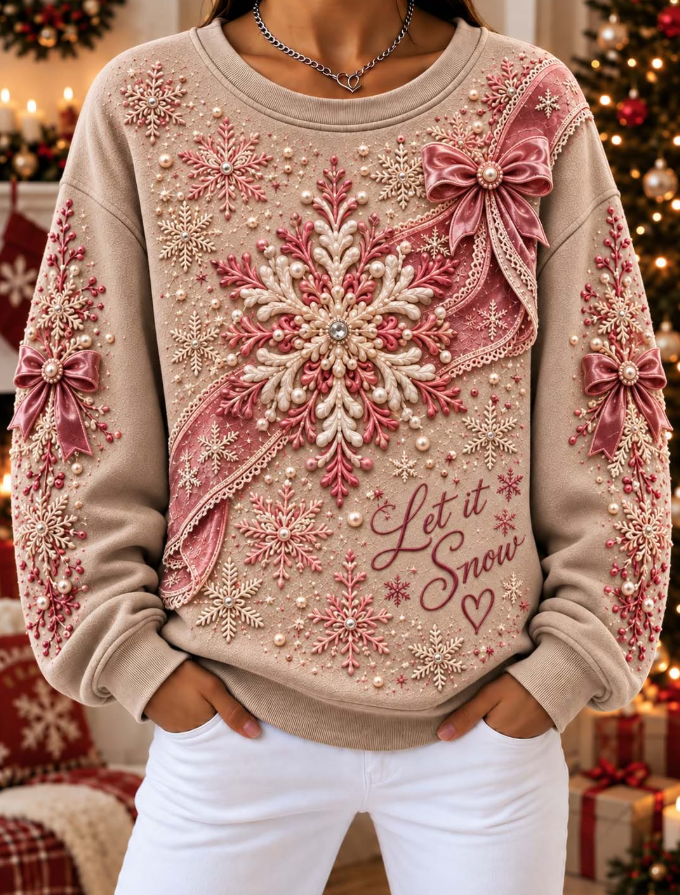 Women Pink Velvet Bows And Pearls Snowflake Beige Sweatshirt
