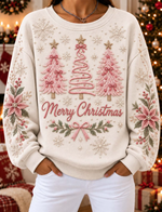Women Casual Triple Pink Christmas Trees Embroidery Sweatshirt