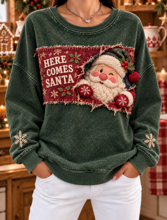 Women Casual Patchwork Santa Peeking Graphic Sweatshirt