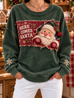 Women Casual Patchwork Santa Peeking Graphic Sweatshirt