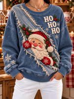 Women Casual Patchwork Santa Claus Peeking Sweatshirt