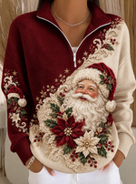 Women Casual Color Block Christmas Santa Art Print Quarter Zip Up Sweatshirt