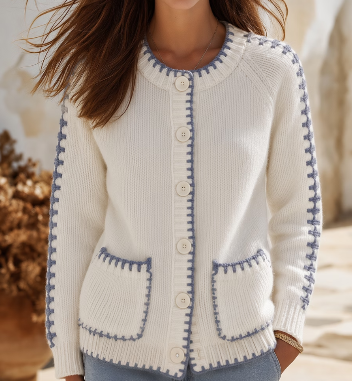 Resort Style Casual Crew Neck Pocket Long Sleeve Cardigan