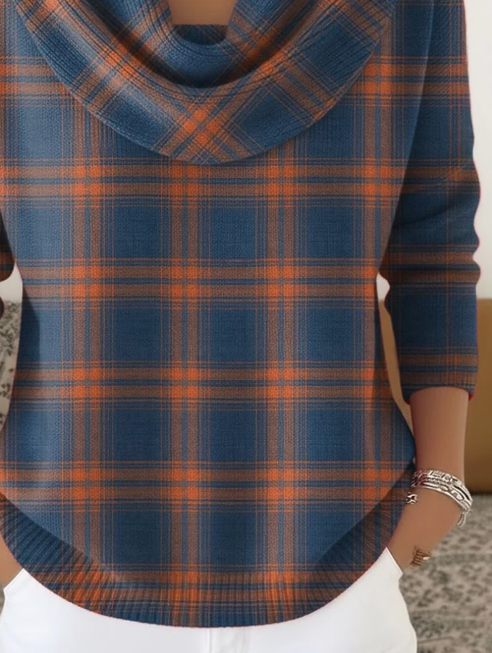 Women Plaid Printing Spring/Fall Casual Long Sleeve Cowl Neck Sweater