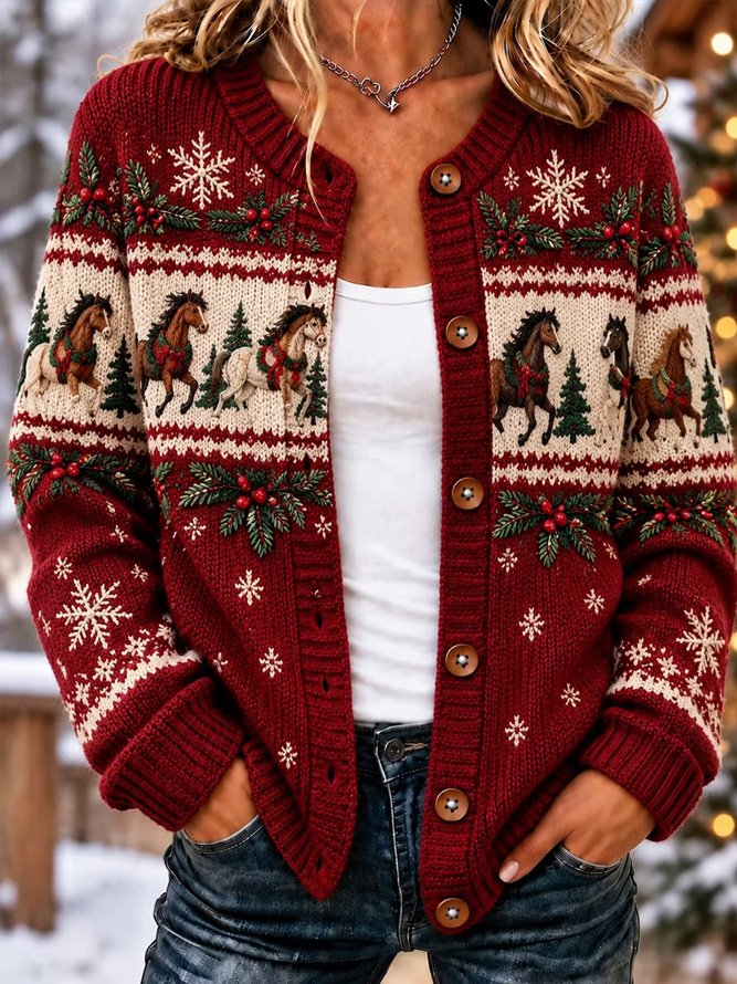Vintage Casual Round Neck Horse Snowflake Pattern Cardigan