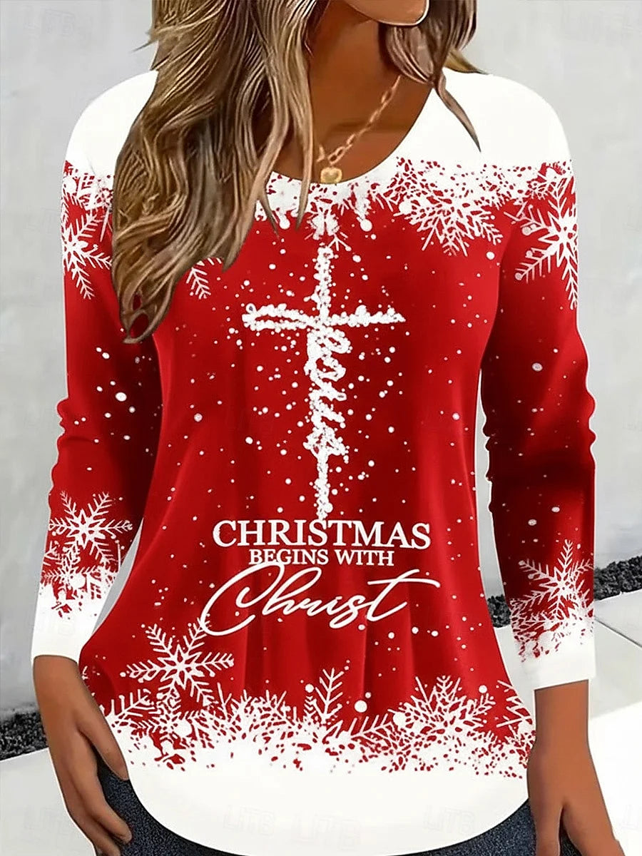 Casual Christmas Crew Neck Long Sleeve T-shirt
