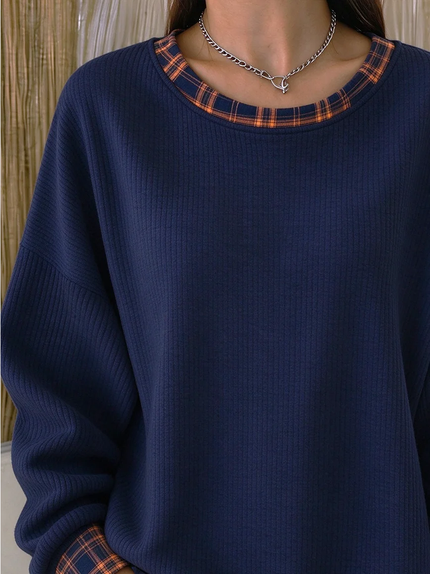 Casual Plaid Crew Neck Long Sleeve Sweatshirt