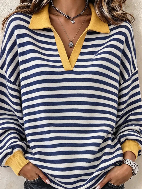 Casual Striped Shawl Collar Long Sleeve Sweatshirt