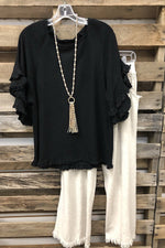 Black Short Sleeves Solid Ruffled Round Neck T-shirt