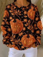 Casual Pumpkin Pattern Henley Collar Long Sleeve Sweatshirt