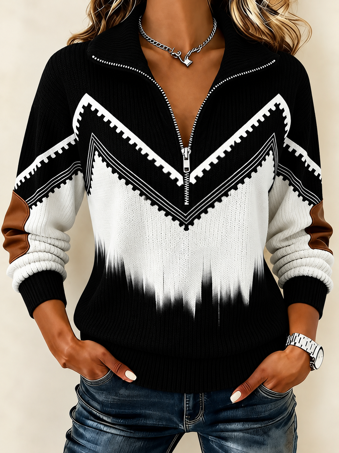 Casual Geometric Half Open Collar Long Sleeve Sweatshirt