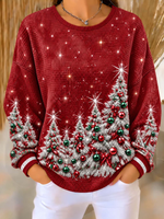 Women Casual Waffle Glitter Christmas Tree Sweatshirt
