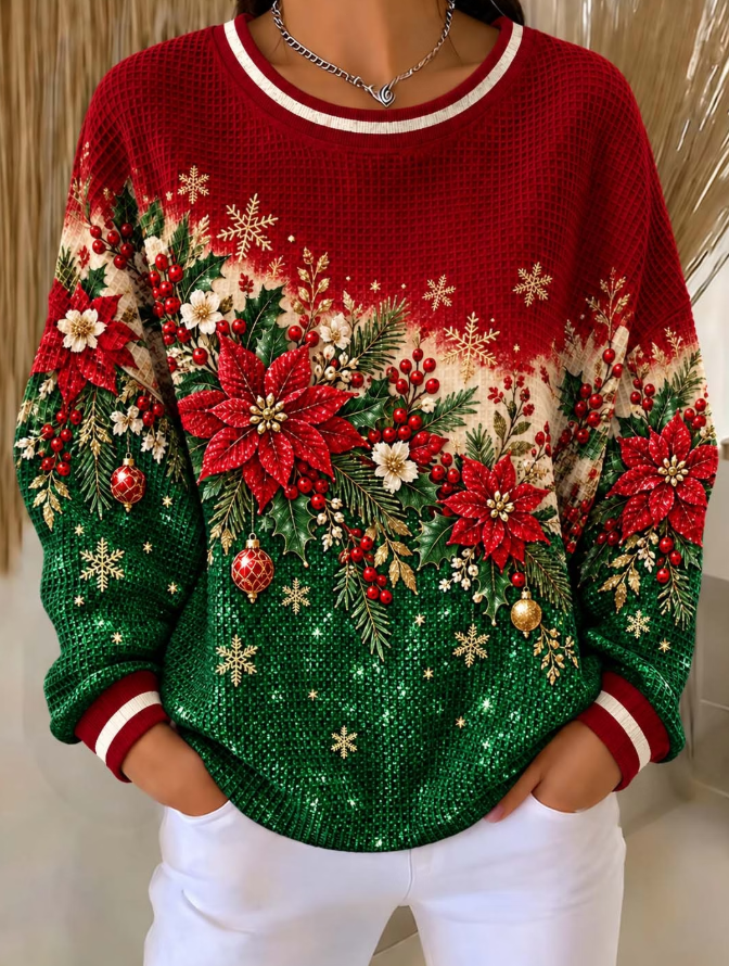 Women Casual Glitter Christmas Tree And Poinsettia Color Block Waffle Sweatshirt