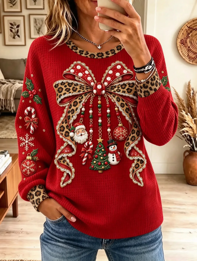 Women Casual Leopard Bow Holiday Ornament Graphic Waffle Sweatshirt
