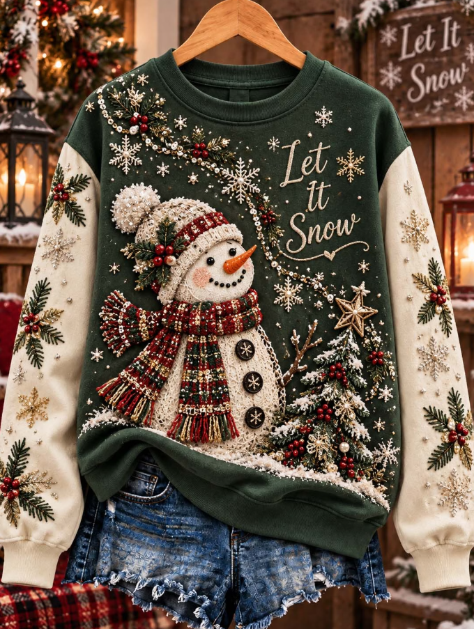 Women Cute Snowman And Christmas Tree Casual Sweatshirt