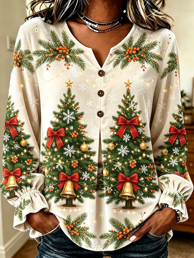Women Casual Cream Christmas Tree Print Long Sleeve Blouse