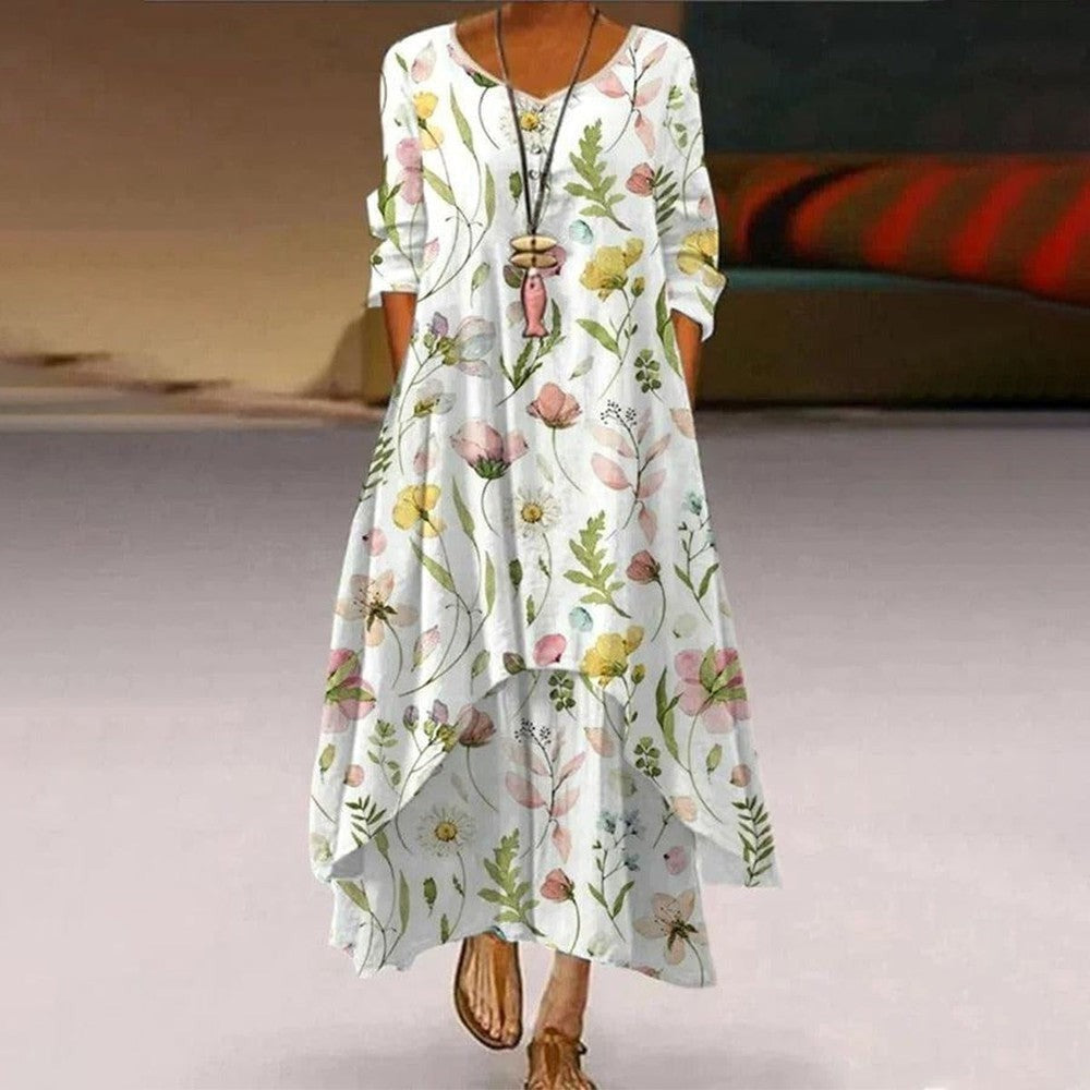 Youthful Print Round Neck Long Sleeve Maxi Dress
