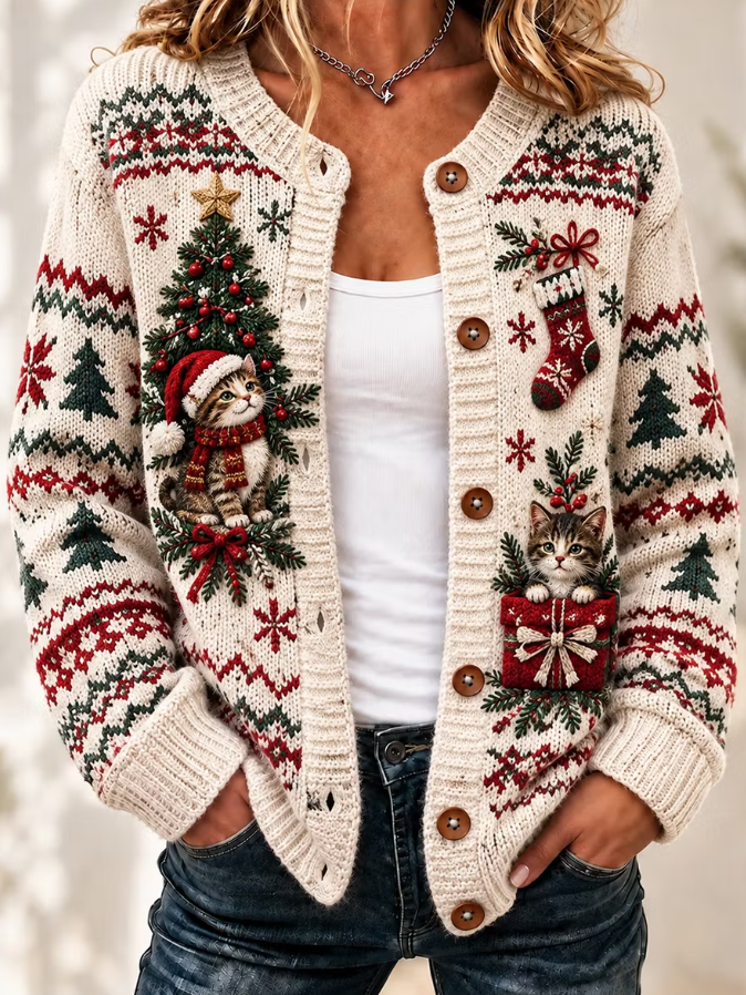 Women Christmas Animal Vintage Art Print Casual Knitted Cardigan