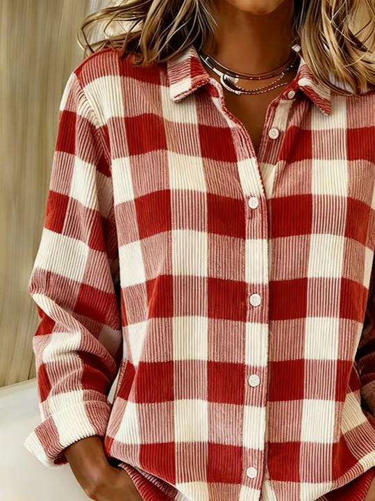 Women Plaid Casual Shirt Shirt Collar Long Sleeve Buckle Top
