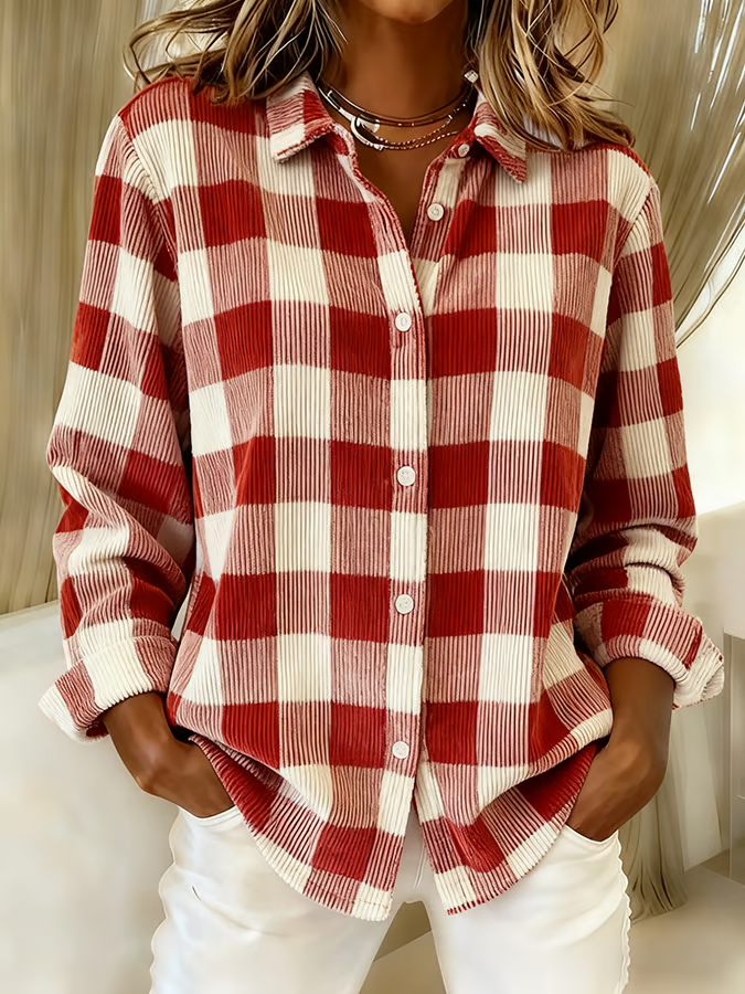 Women Plaid Casual Shirt Shirt Collar Long Sleeve Buckle Top
