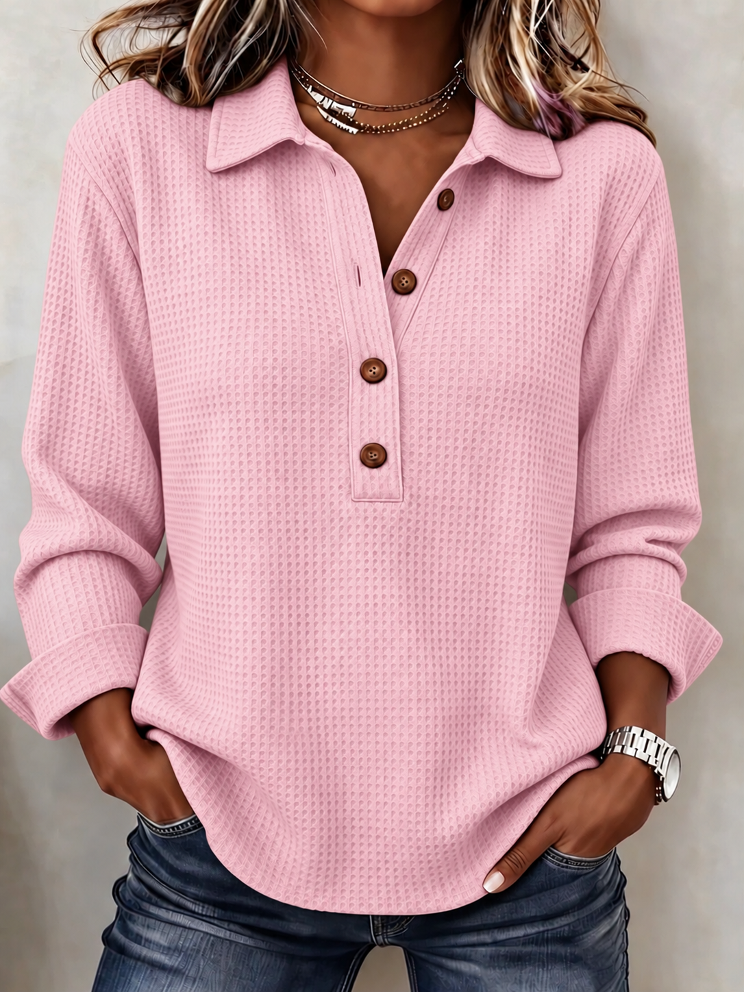 Casual Plain Half Open Collar Long Sleeve Sweatshirt